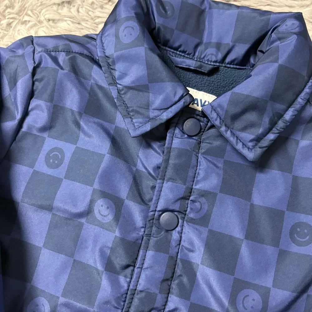 Old Navy Puffer Jacket Blue & Navy Smiley Checkered Toddler Boy 3T Winter